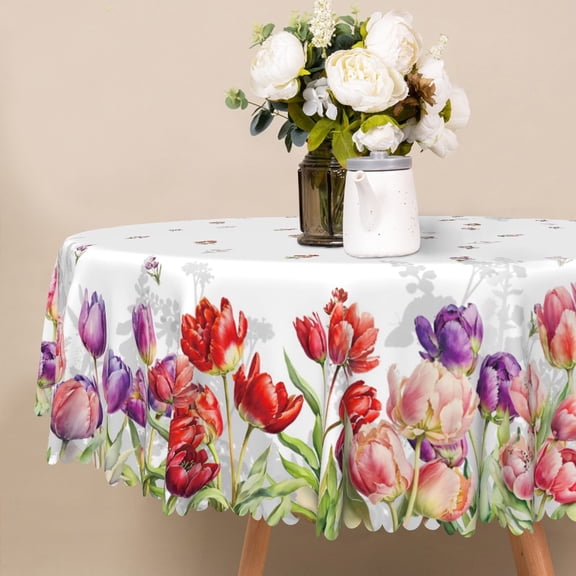 Nanqianyi Colorful Tulip Floral Round Tablecloth 60 inch Waterproof & Oil Table Cloth Cover For Kitchen Picnic Party Decoration