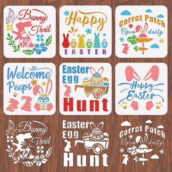 6pcs Easter Stencils - Reusable Bunny Stencils for Painting on Wood Easter Eggs - Stencil Templates for Wall Door Craft Art DIY Home Decor