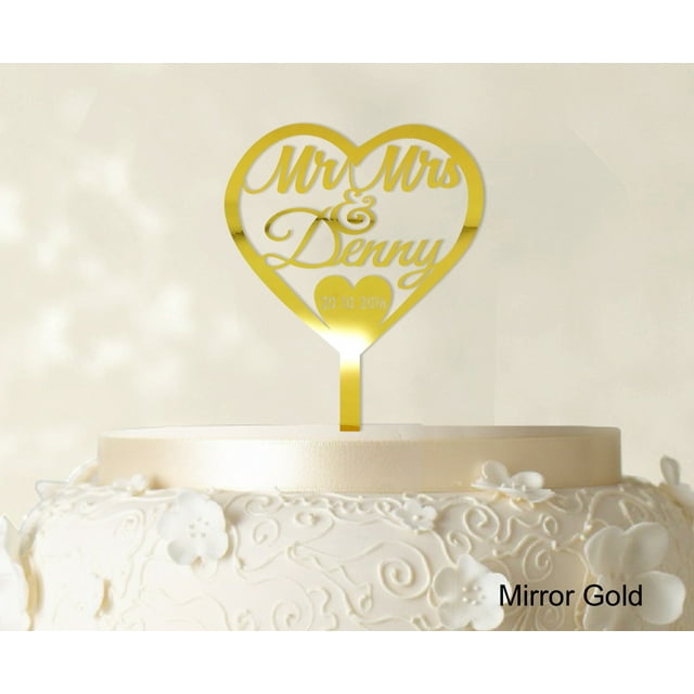 Personalized Mr And Mrs Wedding Cake Topper With Date And Heart Cake Decorations Color Option Available 5.5-6.5 Inches Wide