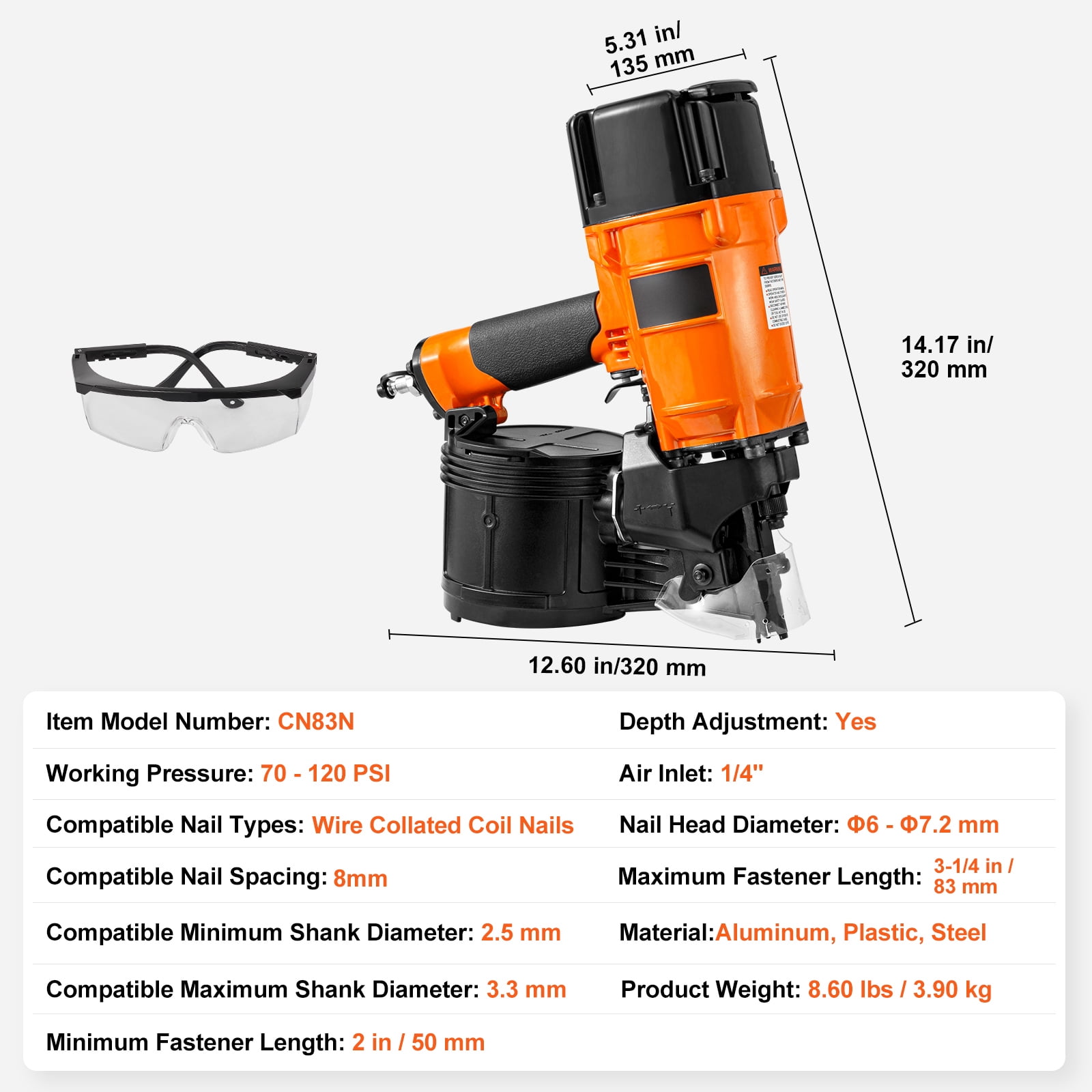 KFFKFF Pneumatic Coil Siding and Framing Nailer CN83N, Adjustable 2"-3.25" Nail Length, 15 Degree, 70-120PSI, Tool-Free Depth Setting, for Wood Fencing, Sheathing, Decking