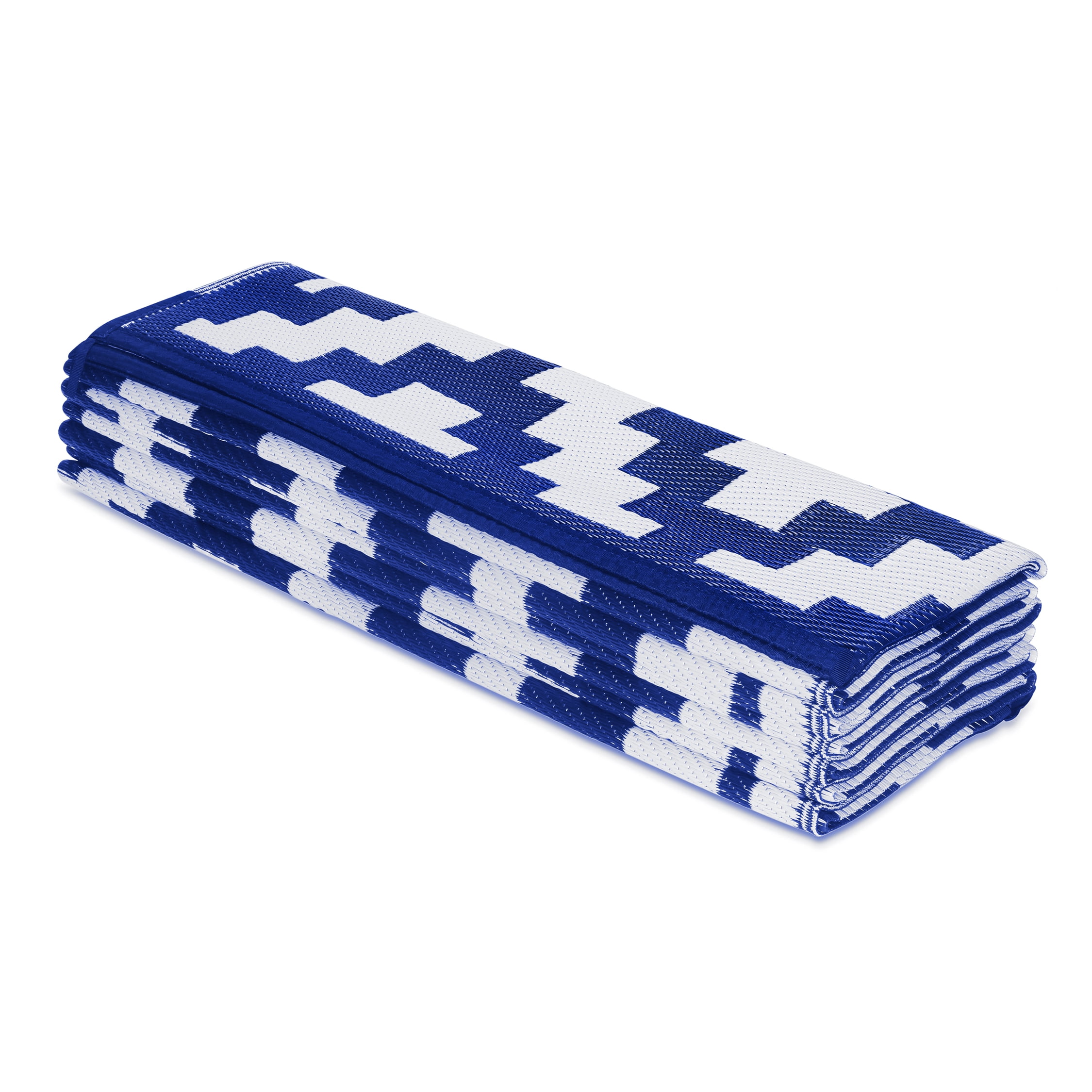 FH Home Outdoor Rug - Waterproof, Fade Resistant, Reversible - Premium Recycled Plastic - Geometric - Large Patio, Deck, Sunroom, RV, Camping - Aztec - Blue & White - 9 x 12 ft Foldable