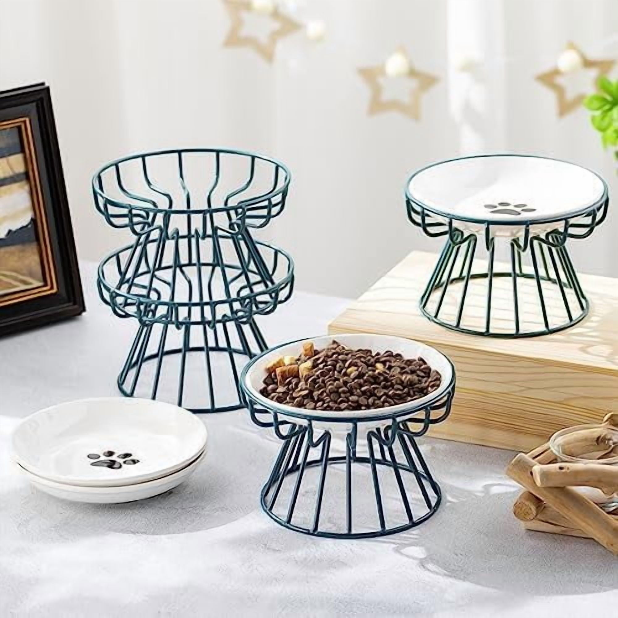 4 Sets Elevated Cat Bowls Ceramic Raised Cat Food Bowls with Metal Stand Dishwasher Safe Dishes Non Slip Elevated Food Plate(Green,Paw)