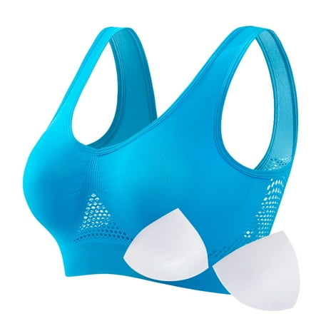 DQRPSEETB Bandeau Bra Women s Fashionable Sport Bra Breathable Underwear Large Size No Rims Seamless Hollow Mesh Thin Sports Yoga Bra (with Pads) Sky Blue M