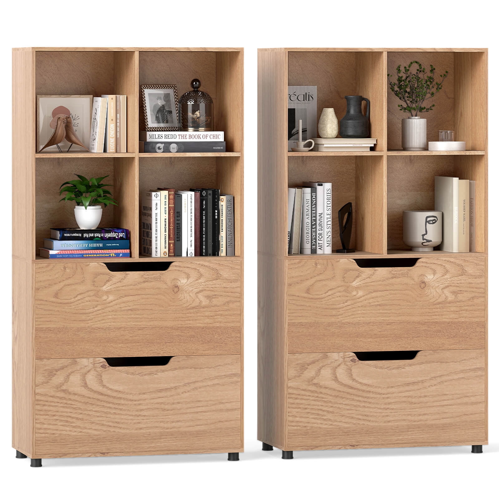Costway 2PCS 4-Cube Bookcase with 2 Drawers, 5-Tier Tall Freestanding Bookshelf for Study Natural
