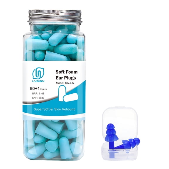 LYSIAN Ultra Soft PU Foam Earplugs for Sleeping, Snoring and Travel, 38dB Noise Reduction, 60 Pairs, Lake Blue