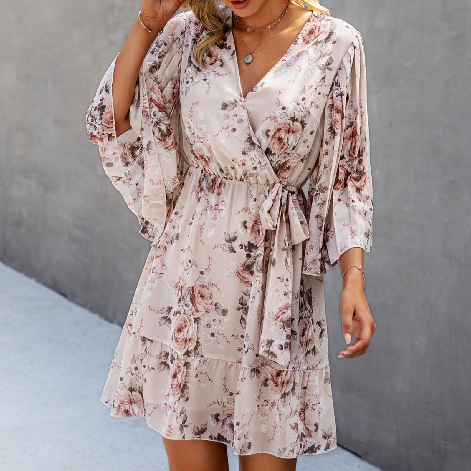 Menrkoo Vacation Dress For Women Spring And Summer Trend V Neck Flared 3/4  Sleeve Casual Loose Floral Print Banded Waist Tie Sundress Dress Beige XL