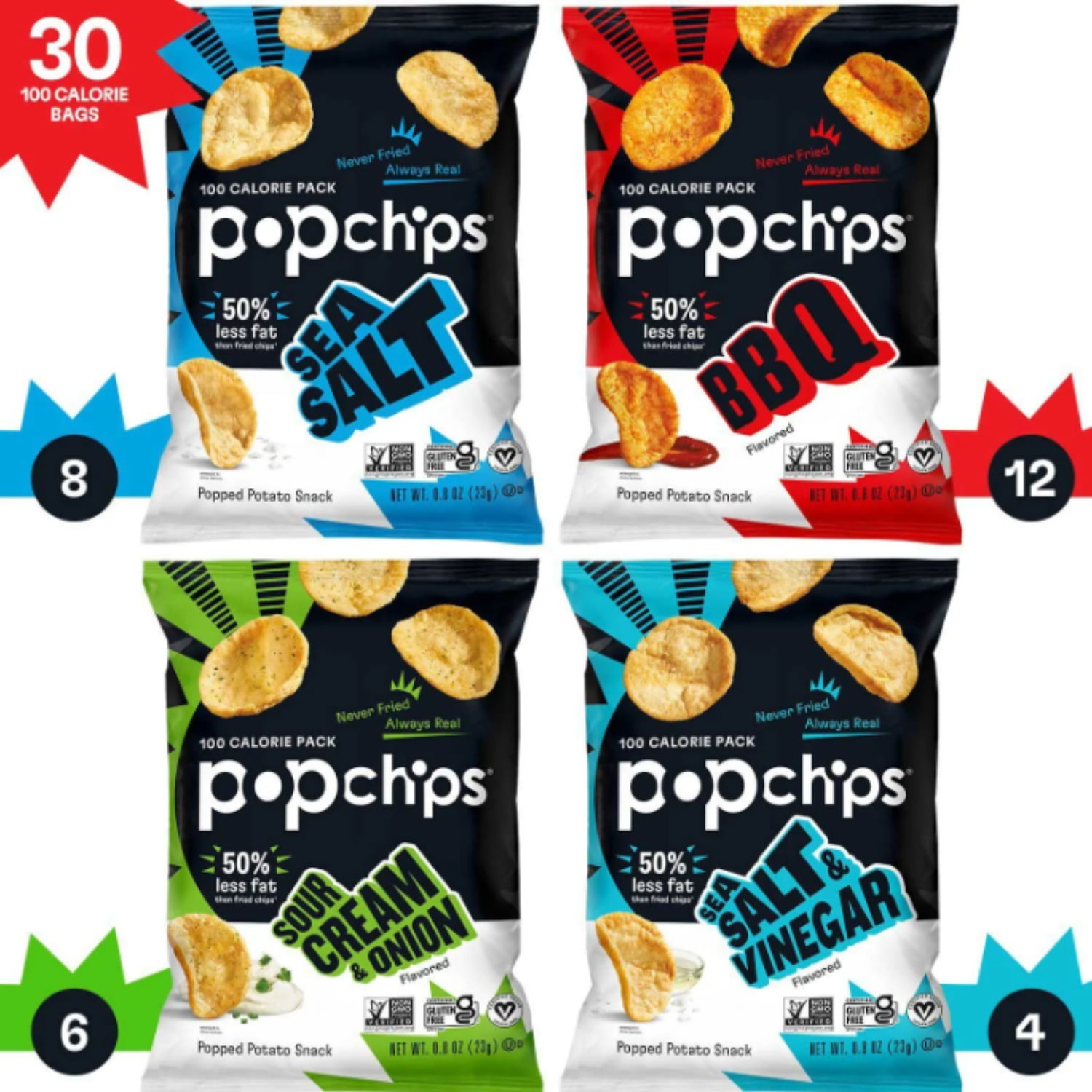 Popchips Variety Pack Chips, 0.8 oz Each, 30 Pk (12 BBQ, 8 Sea Salt, 6 Sour Cream & Onion, 4 Sea Salt & Vinegar) - 1.5 lbs