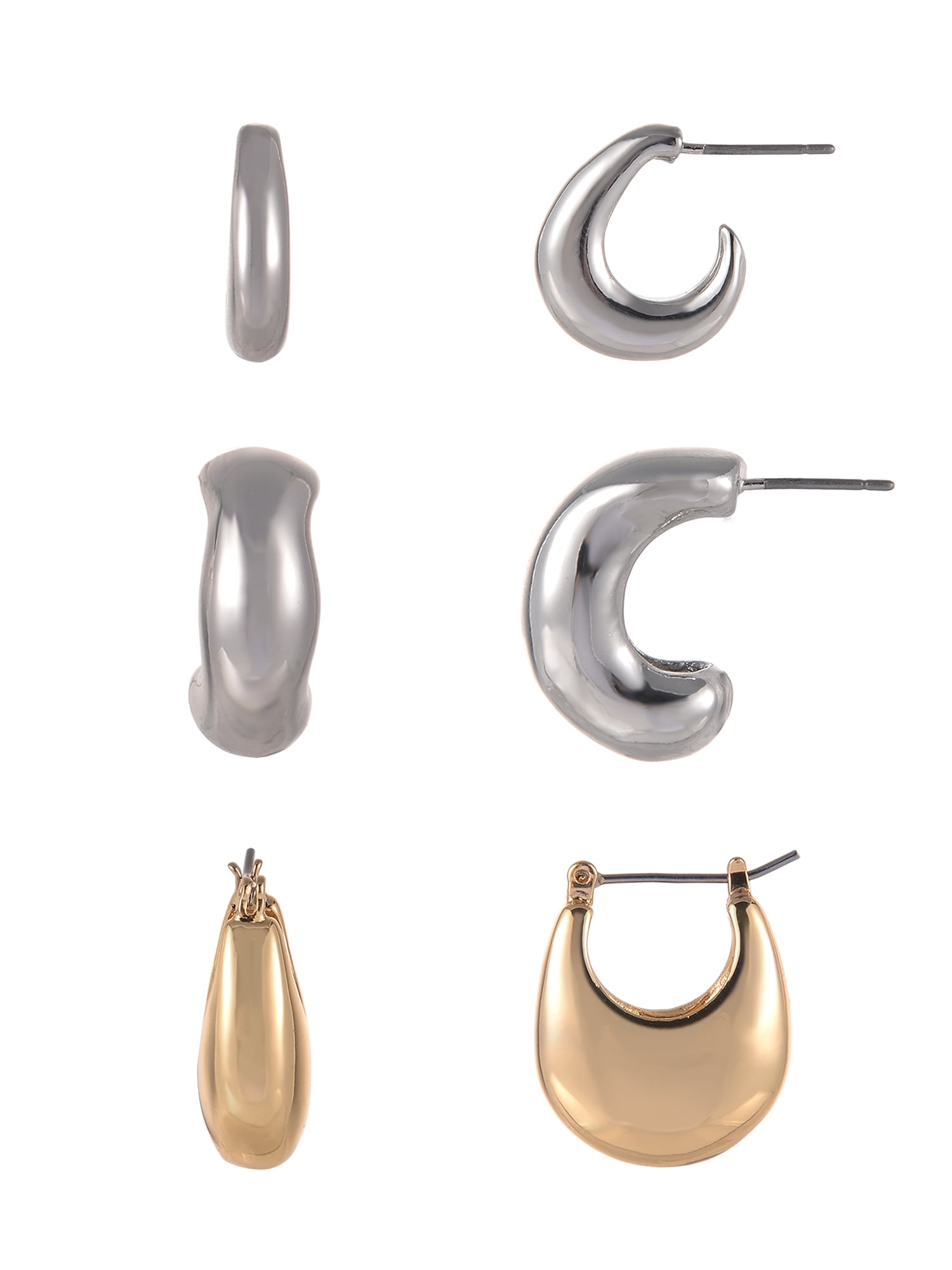 Time and Tru Goldtone and Silvertone 3-On Thick Deep Hoops and C-Hoop Earring Set