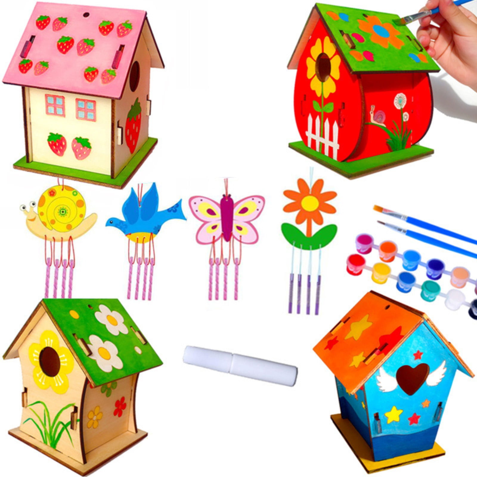 HGRGHH 4 Pièces Kit Nichoir DIY Enfants – Maison D'Oiseau à Peindre Et Construire, Avec Peintures Et Pinceaux, Activité Manuelle Créative Pour Filles Et Garçons