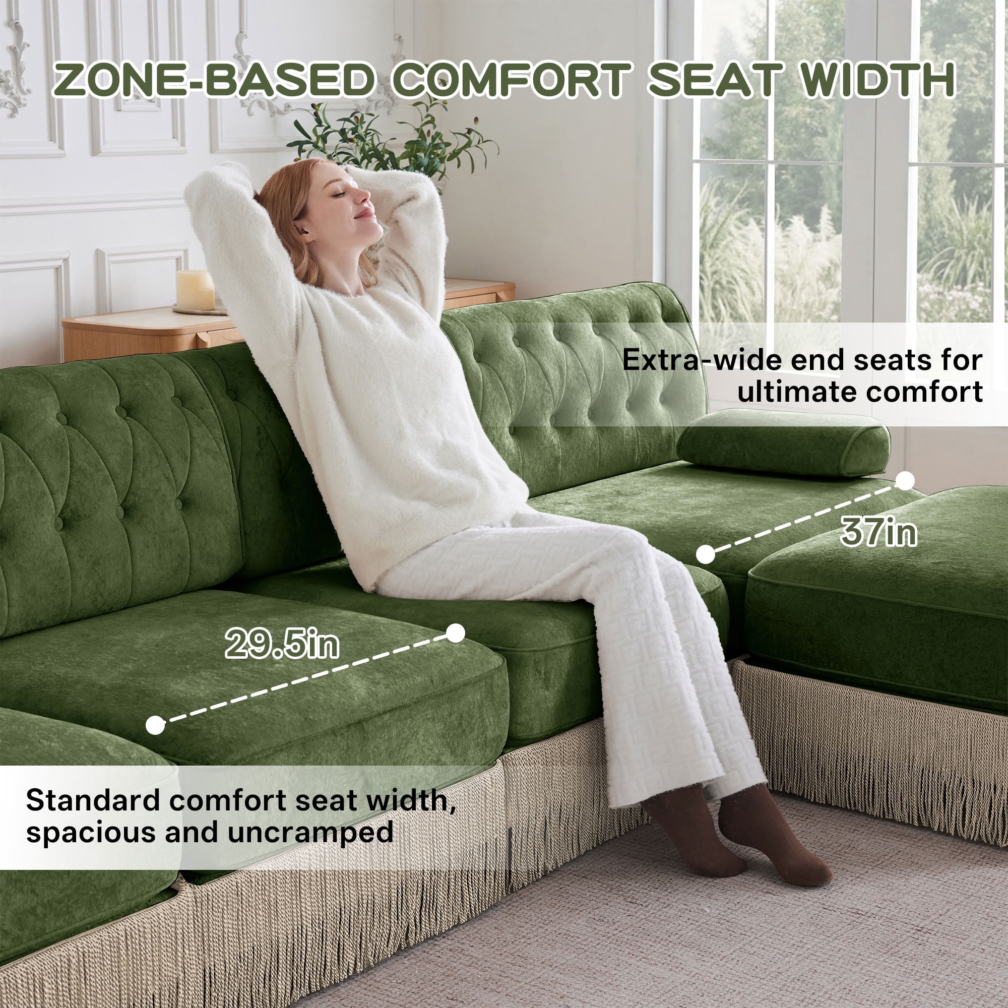 MAYEERTY U-Shape Chesterfield Modular Sofa, Tassel Sectional Couch with Double Ottomans for Living & Bedroom Home Decor