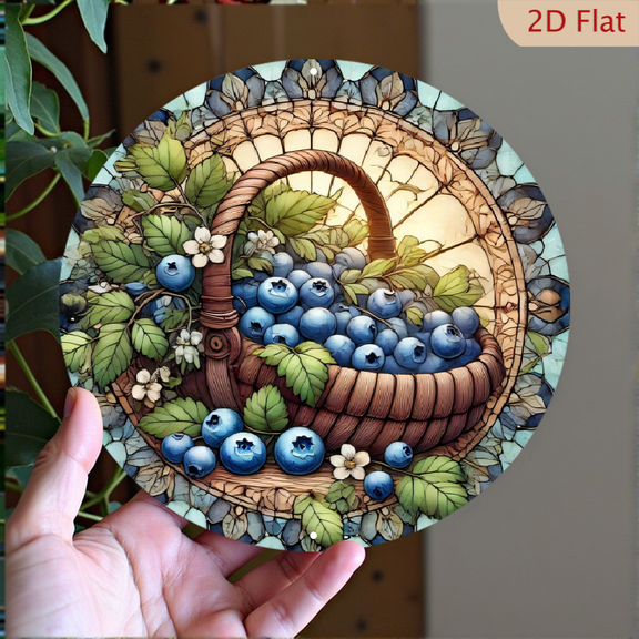 Blueberry Basket Wall Art, Round Aluminum Decorative Sign, Rustic Wicker Fruit Illustration with Stained Glass Leaf Border, 8 x 8 Inch Metal Home Decor