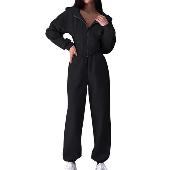 Women 2 Piece Outfits Zip Up Crop Hoodies SweatPants Lounge Matching Sweat Set Winter Trendy Clothes Black L