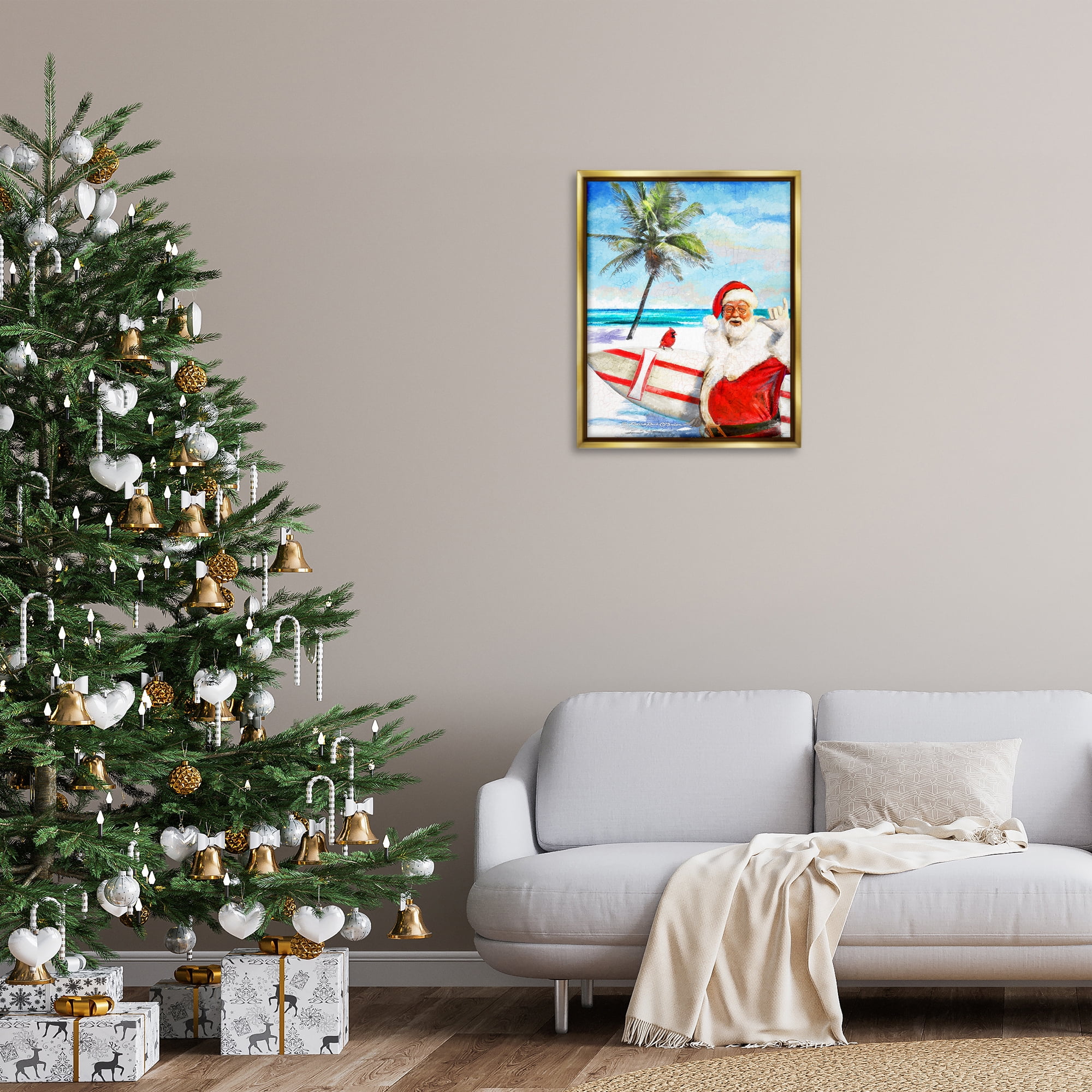 Stupell Industries Surfing Santa at Beach Holiday Painting Gold Floater Framed Canvas Art Prints Wall Art, 25 x 31