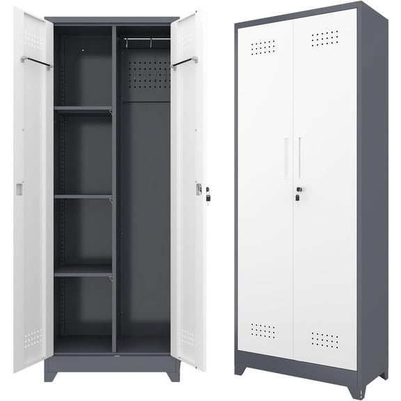 65 Inch Tall Metal Garage Storage Cabinet with Lockable Doors, Utility Broom Closet for Mop Storage, Steel Tool Cabinet with Shelves for Laundry Room, Home Office, White and Grey
