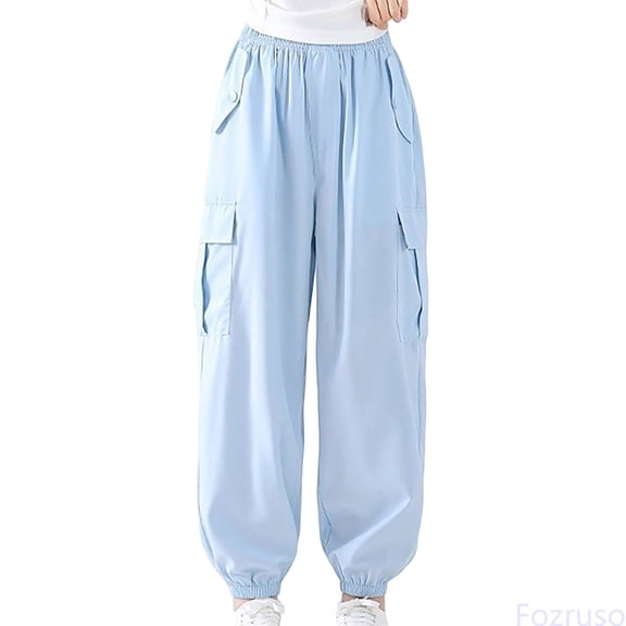 Fozruso Girls Summer Street Casual Cargo Pants Pocket Drawstring Stretch Waist Cargo 7 Division Of Labor Pants School Uniform Pants Sizes 4-5 Years(Blue)