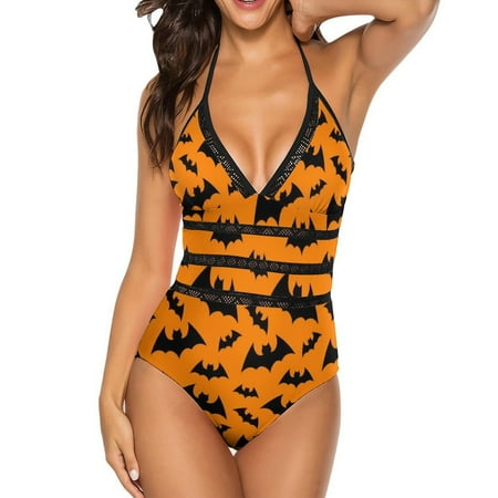 One Piece Swimsuit Women Tummy Control - V Neck Cool Black Bats Orange Halter Swim Suits for Women 2025  Padded Full Coverage Swim Bathing Suit for Women