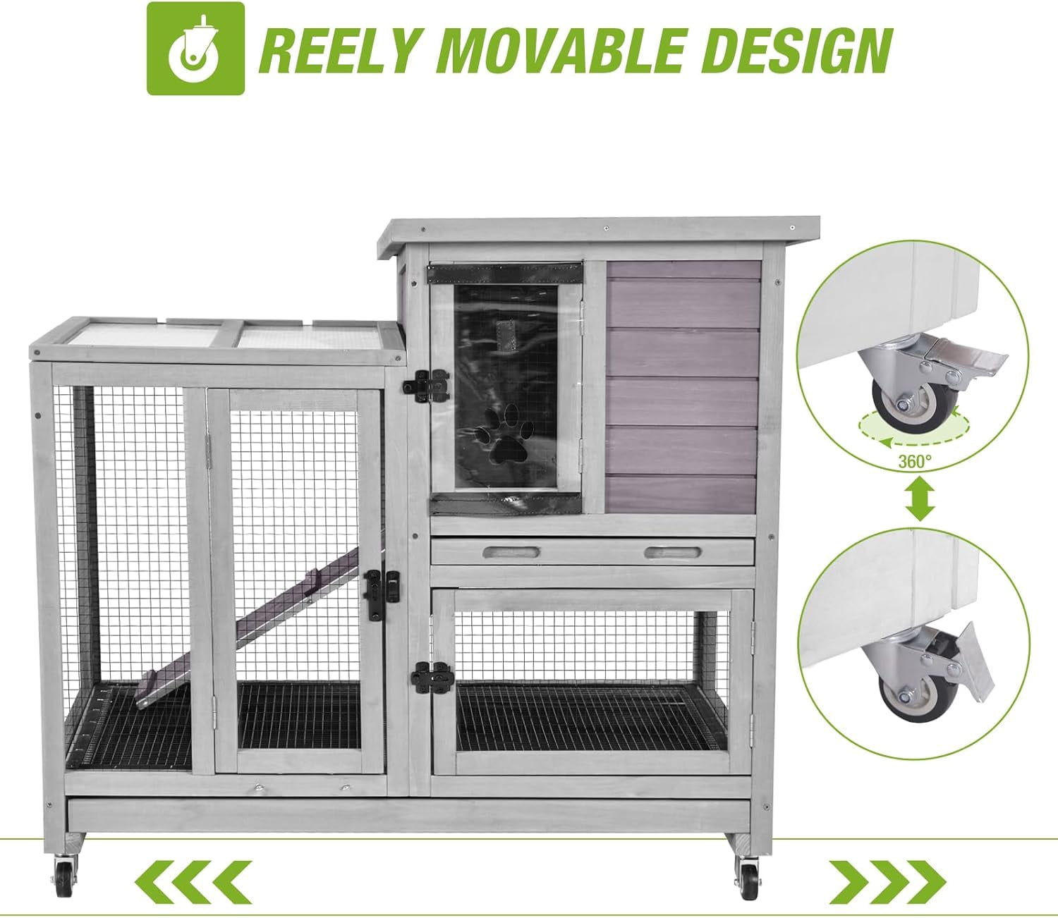 Aivituvin Rabbit Hutch, Indoor Bunny Cage with Run Outdoor Rabbit House with Two Deeper No Leak Trays Light Gray