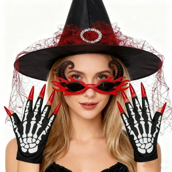 Halloween Costume for Adults Red Spider Witch Witch Hat 4-piece Nail Glove Flame Glasses