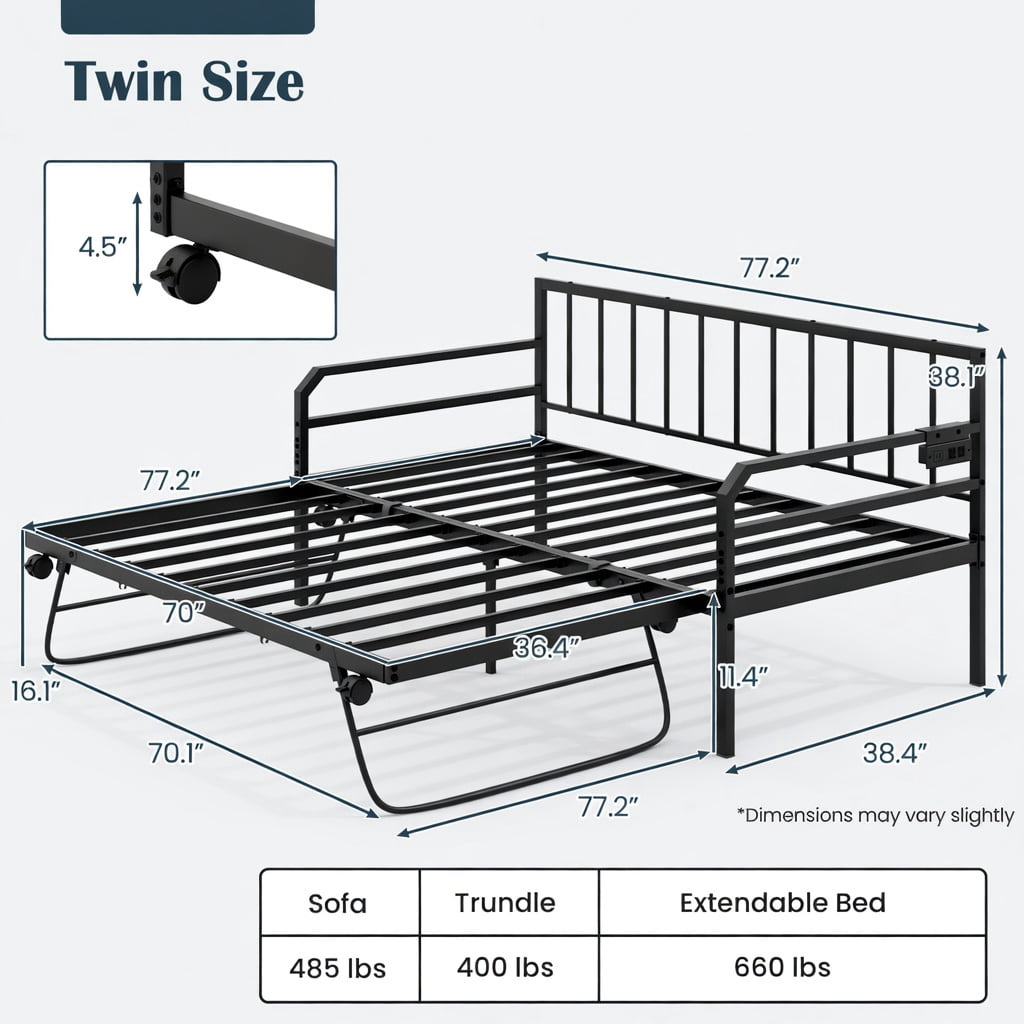 Barara King Bedroom Bed Frame, Bed Platform Frame,Adjustable Metal Twin Size Daybed with Charging Station and LED Light-Black