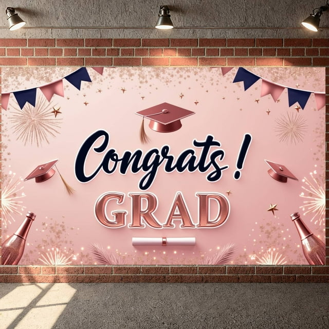 Pink Background Graduation Banner Gold Decorations Grad Display Graduation Cap Fireworks Graduation Backdrop for Graduation Party Graduation Ceremony Photo Shoot