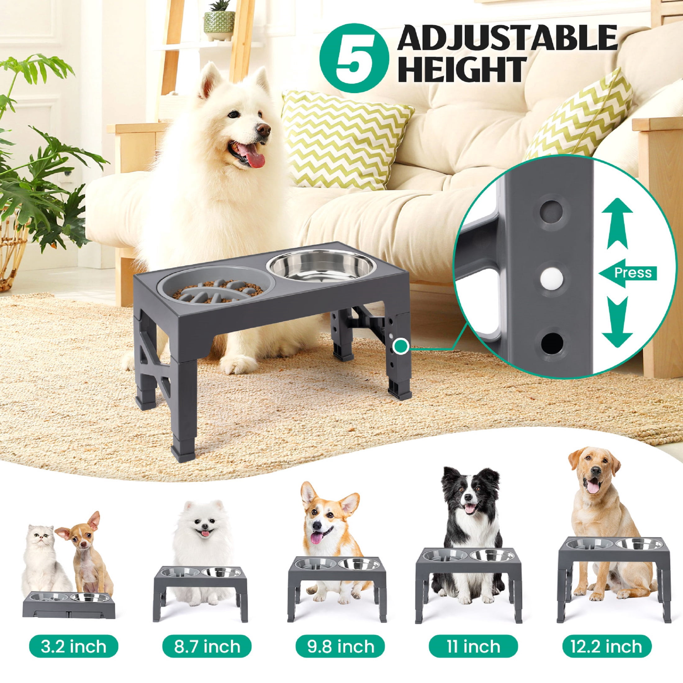 Elevated Dog Bowls - 5 Adjustable Heights Stand, 2 Stainless Steel Bowls & 1 Slow Feeder, for Small to Large Dogs, Gray