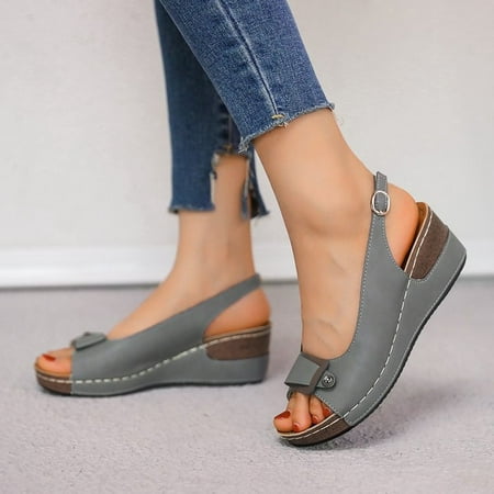 

Homadles Women Comfortable Wedge Sandals- Beach Roman Open Toe Buckle Wedges Shoes Gray Size 9.5