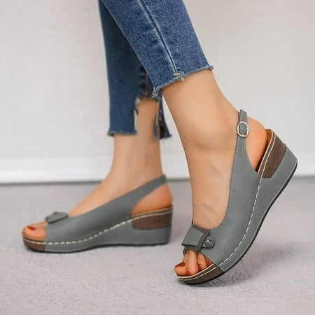 

Women s Vintage Buckle Wedge Heel Open Toe Low Fish Mouth Roman Sandals