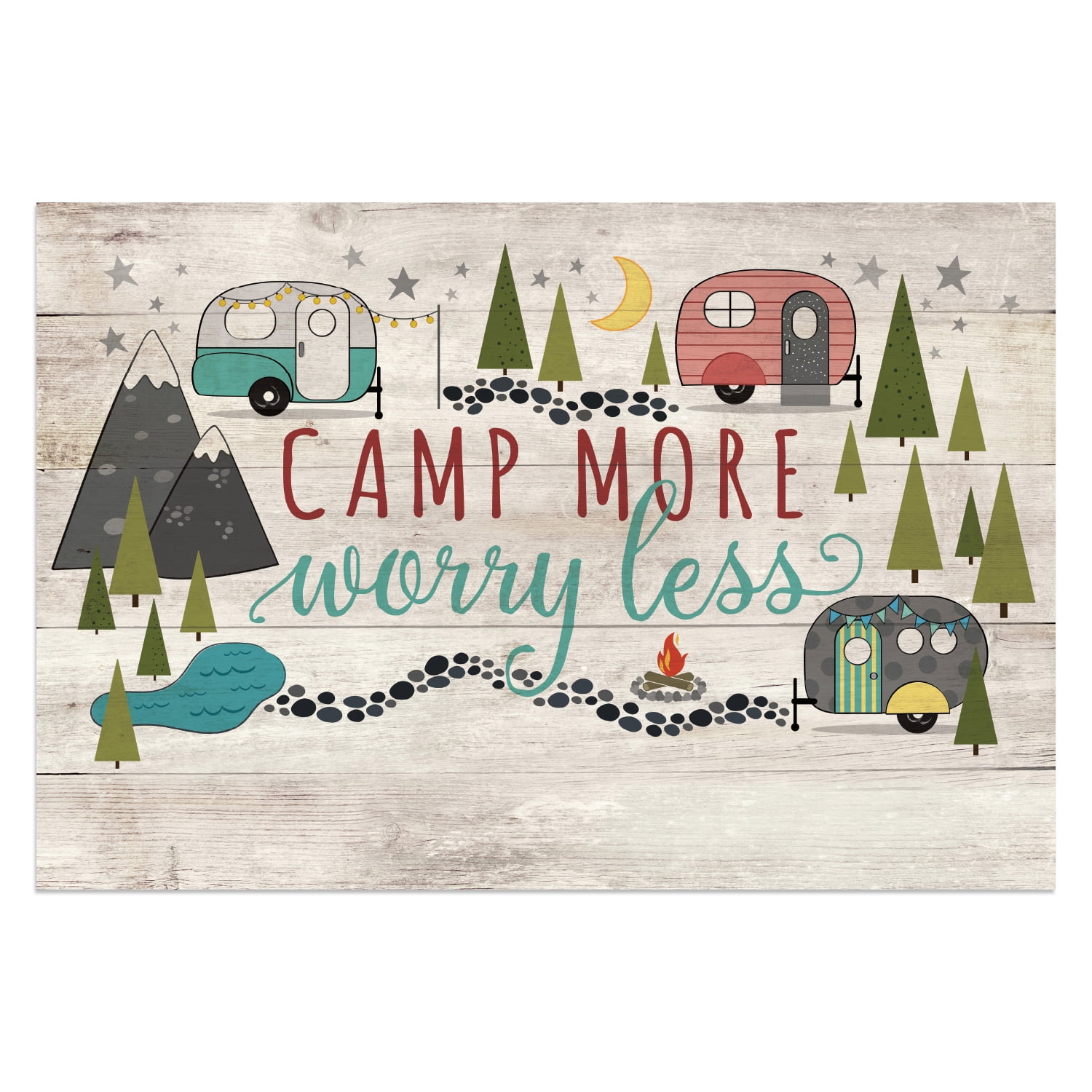 Personalized Planet 27x18 Camp More Worry Less Doormat with Custom Family Name Printed on Taupe Rectangular 1/8” Thick Non Slip Mat with Vintage Campers for RVs Campsite Deck or Porch