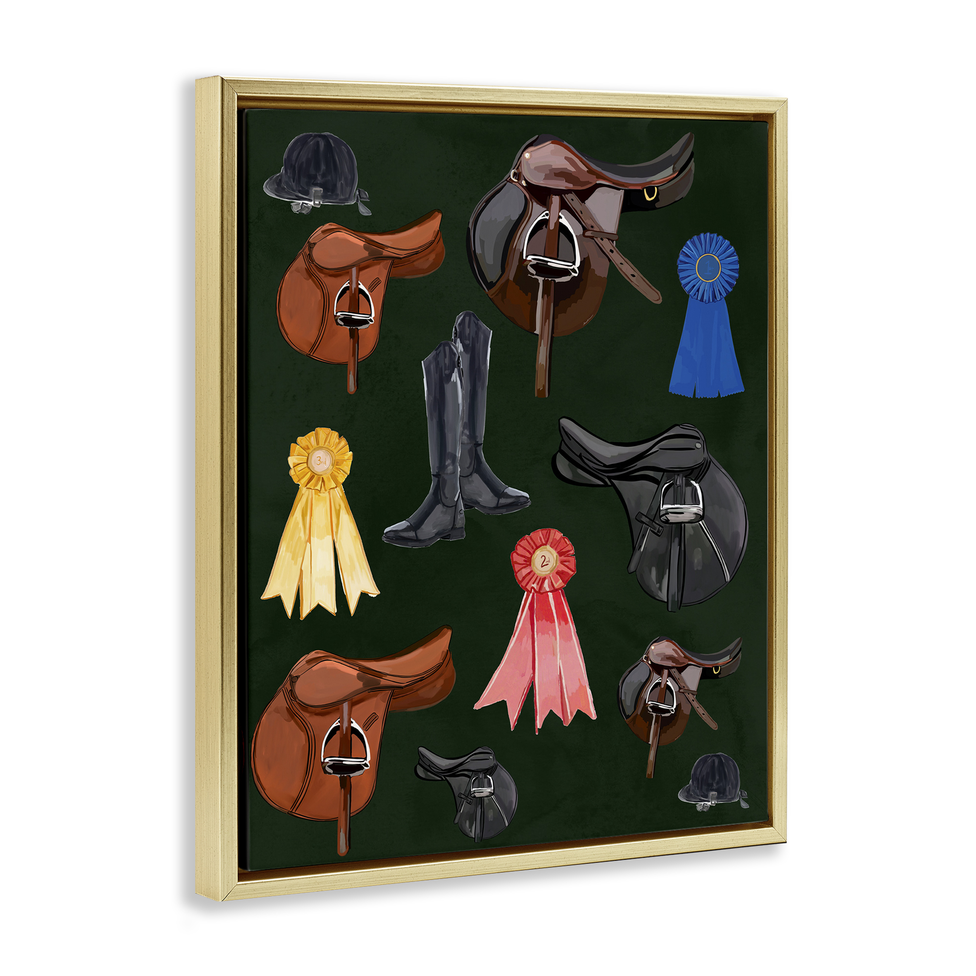 Stupell Industries Equestrian Saddles & Ribbons Sports Painting Gold Floater Framed Art Print Wall Art, 17 x 21