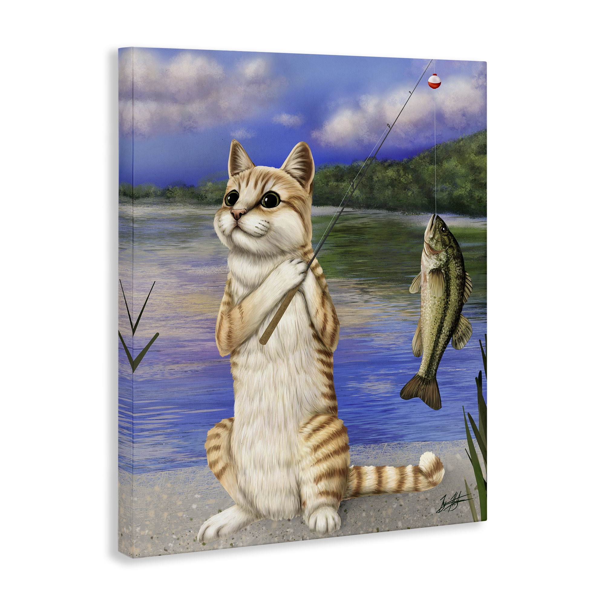 Stupell Industries Fishing Cat by Lake Animals & Insects Painting Gallery Wrapped Canvas Art Print Wall Art, 16 x 20