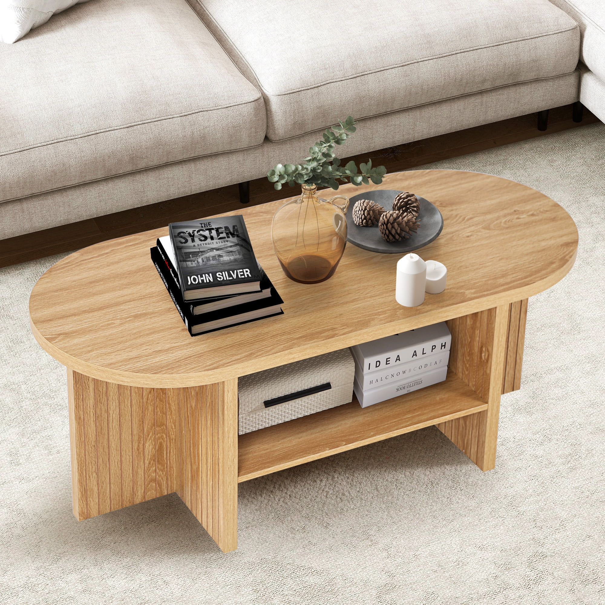 Wirrytor Oval Coffee Table, Coffee Tables for Living Room Small, Fluted Coffee Table with Open Storage Shelf, Farmhouse  Wood Center Table for 2-Tier Coffee Table, Natural