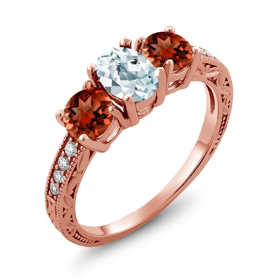 Gem Stone King 2.87 Ct Oval Sky Blue Aquamarine Red Garnet 18K Rose Gold Plated Silver Moissanite Ring (Size 5)