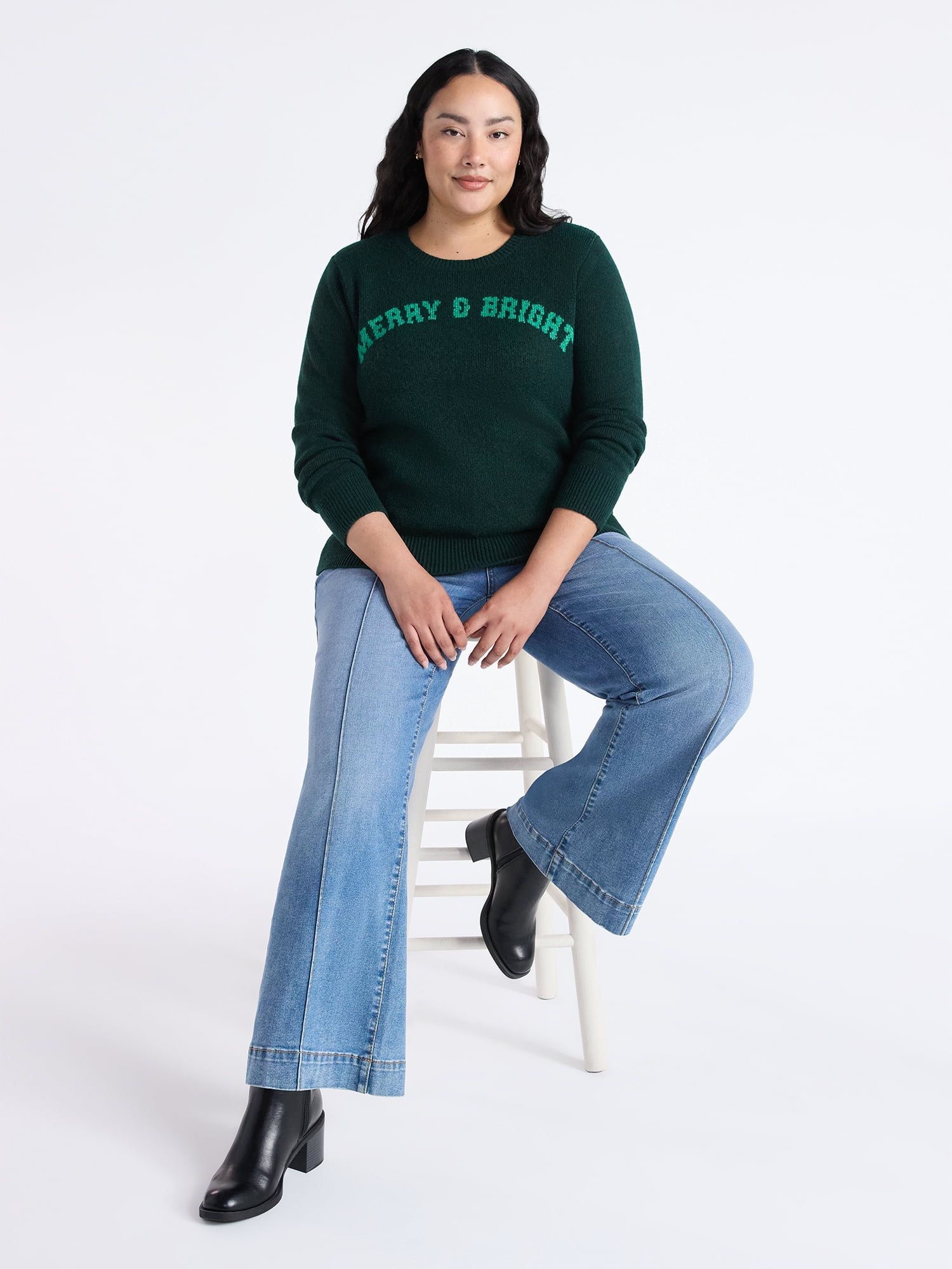 Time and Tru Women's and Women's Plus Holiday Talking Sweater with Long Sleeves, Midweight, Sizes XS-4X