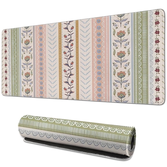 Long Mouse Pads for Desk,Pink Striped Floral Boho Pattern Desk Mats on Top Of Desks, Desk Mouse Pad Extra Large with 3mm Non-Slip Base and Stitched Edge for Gaming,Office,Work,Home 31.5"x11.8"