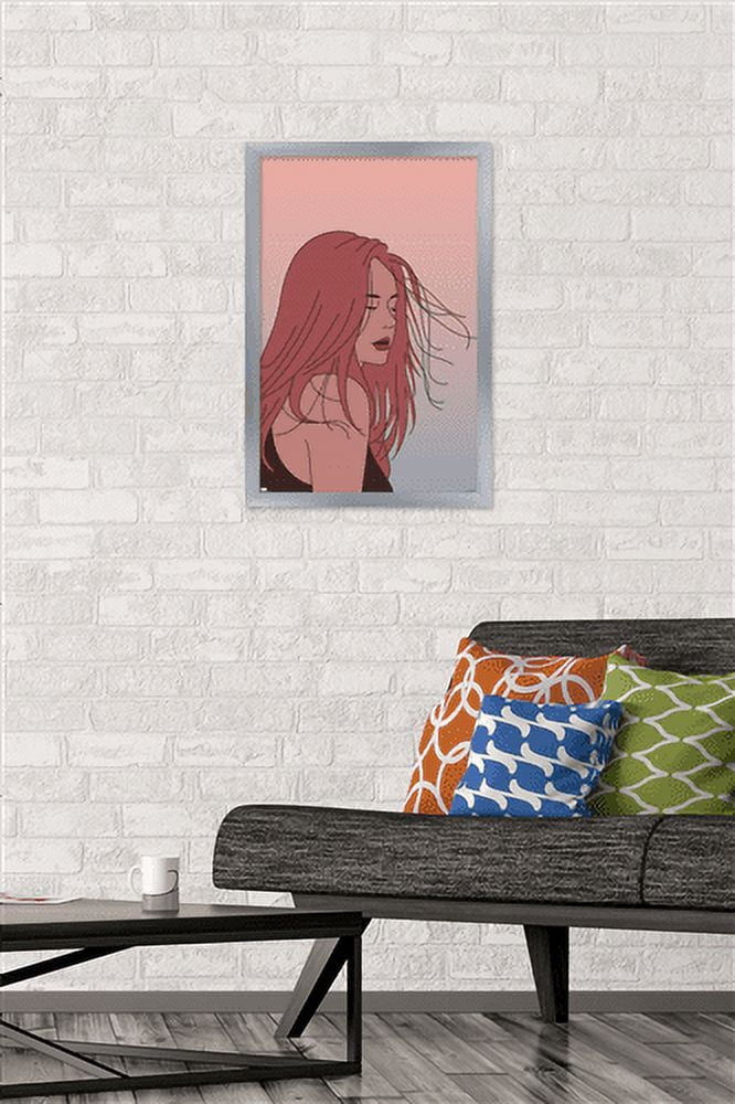 Hand Drawn Woman With Blowing Hair Wall Poster, 14.725" x 22.375" Framed