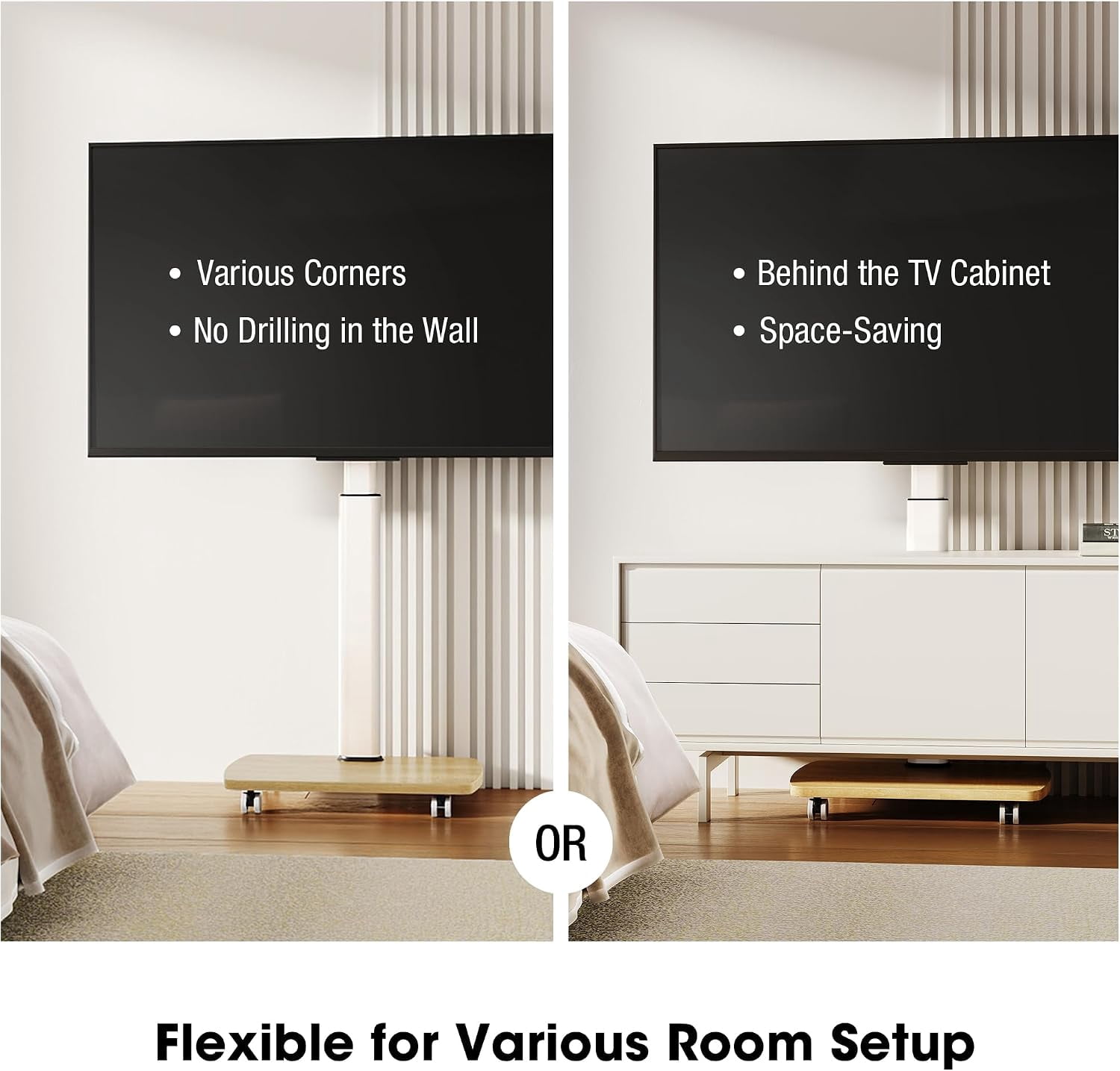 AOKCOS Rolling TV Stand for 32–65 Inch TVs, White, Portrait/Landscape Rotation, Tilt