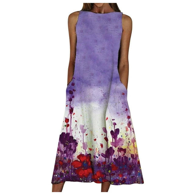 Fridja Robe d'Été Imprimée pour Femmes Robe de Plage Vacances Col Rond Grande Robe Maxi à Poches