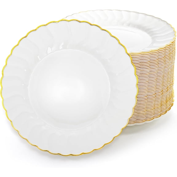 50 Pack Gold Plastic Plates, 6 Inch White with Gold Rim Round Disposable Appetizer Dessert Plates for Wedding, Buffet, Party, Catering