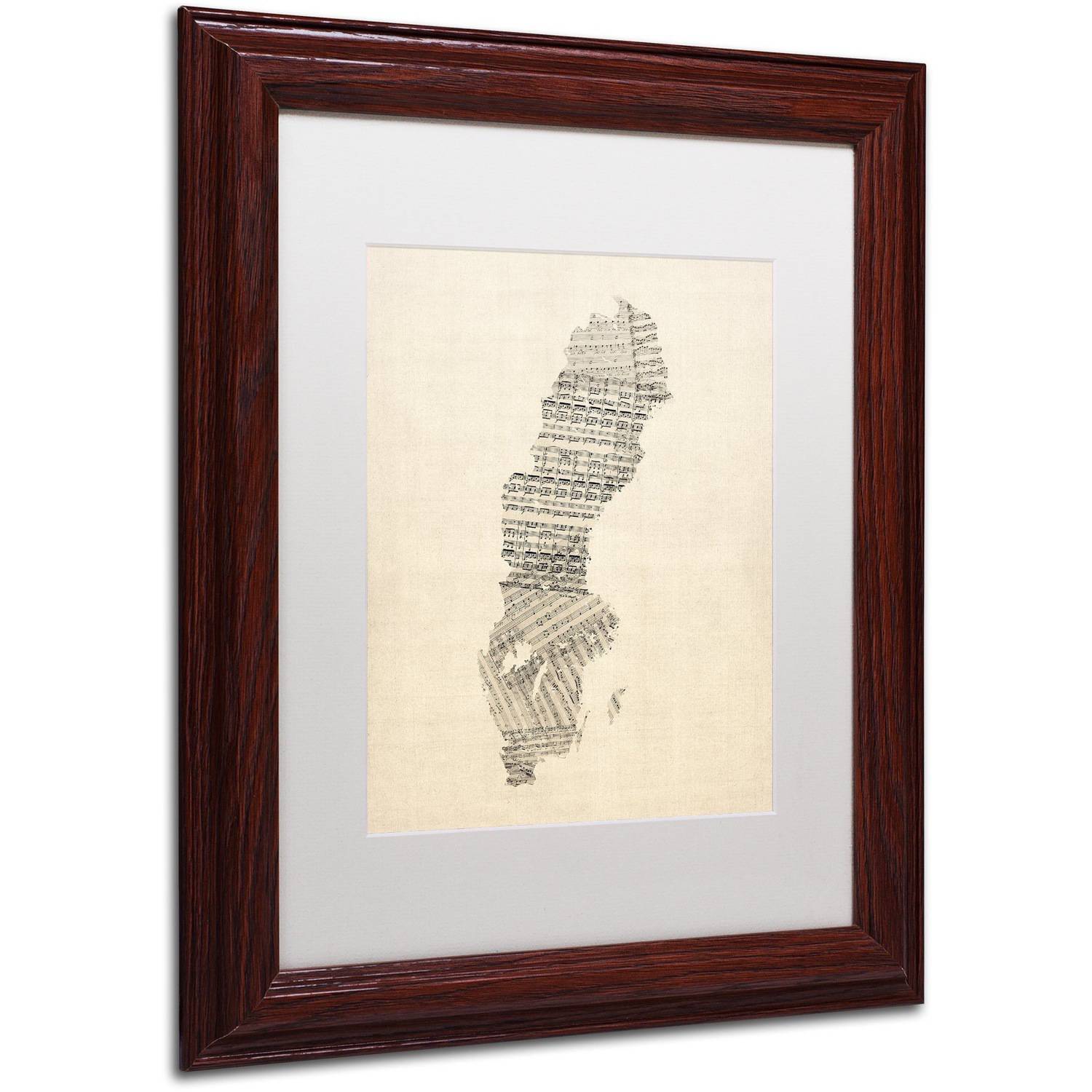 Trademark Fine Art 'Old Sheet Music Map of Sweden' Canvas Art by Michael Tompsett, White Matte, Wood Frame