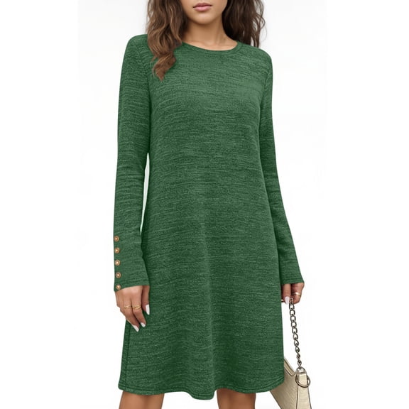 Gamivast Sweater Dress for Women Long Sleeve Crewneck Midi Dress A-Line Knit Dress Gold Button Detail Cuffs Solid Color Casual Office Work Wear