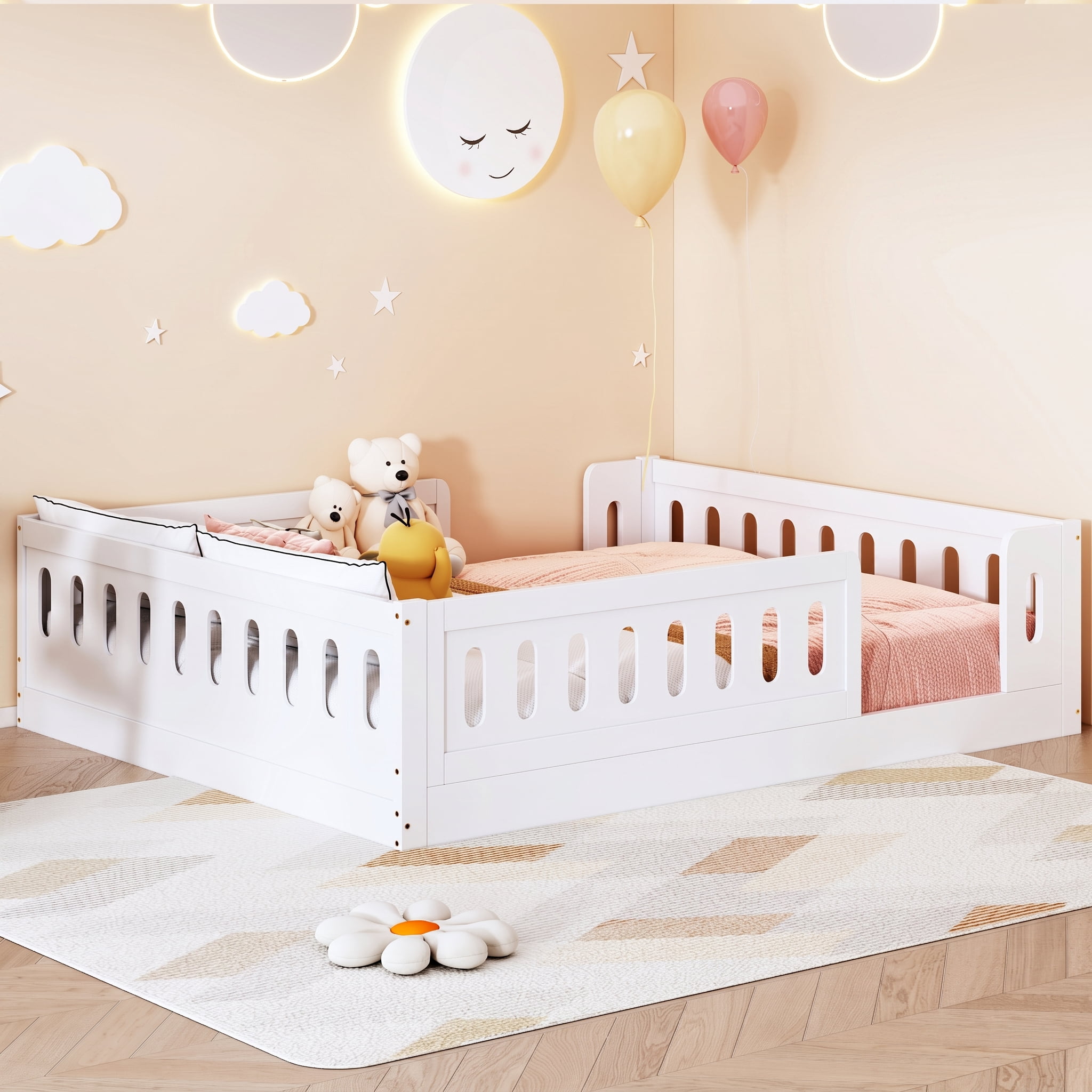 Euroco Solid Wood Full Size Montessori Floor Bed with Safety Guardrail, Low Platform Toddler Bed Frame for Boys & Girls, No Box Spring Needed, White