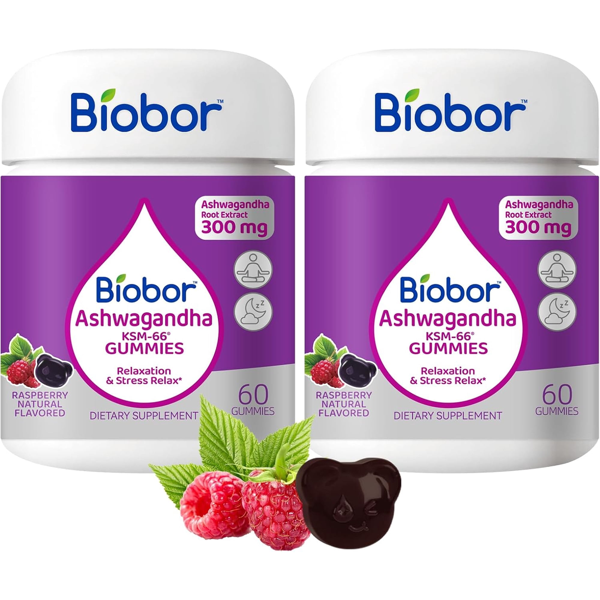 (2 Packs) Biobor Ashwagandha Gummies, KSM-66 Root Extract with Vitamin D3, Stress & Immune Support (Raspberry, 60ct)
