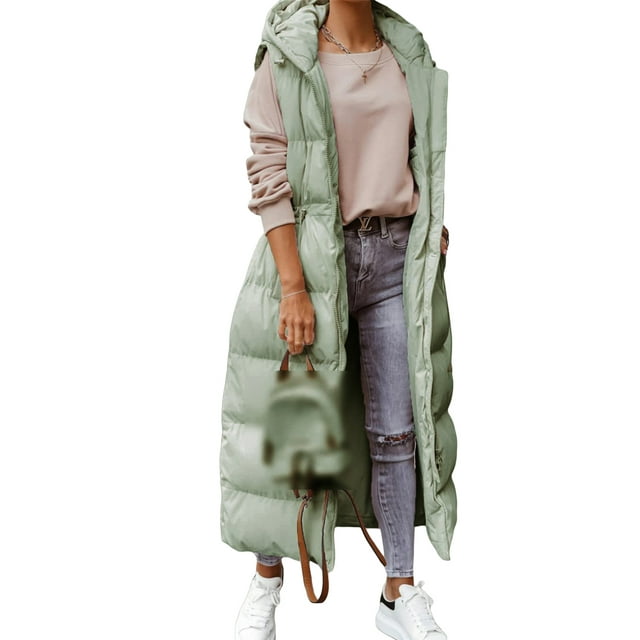 Faithtur Veste Longue Matelassée Sans Manches pour Femmes Couleur Unie Légère avec Fermeture Éclair