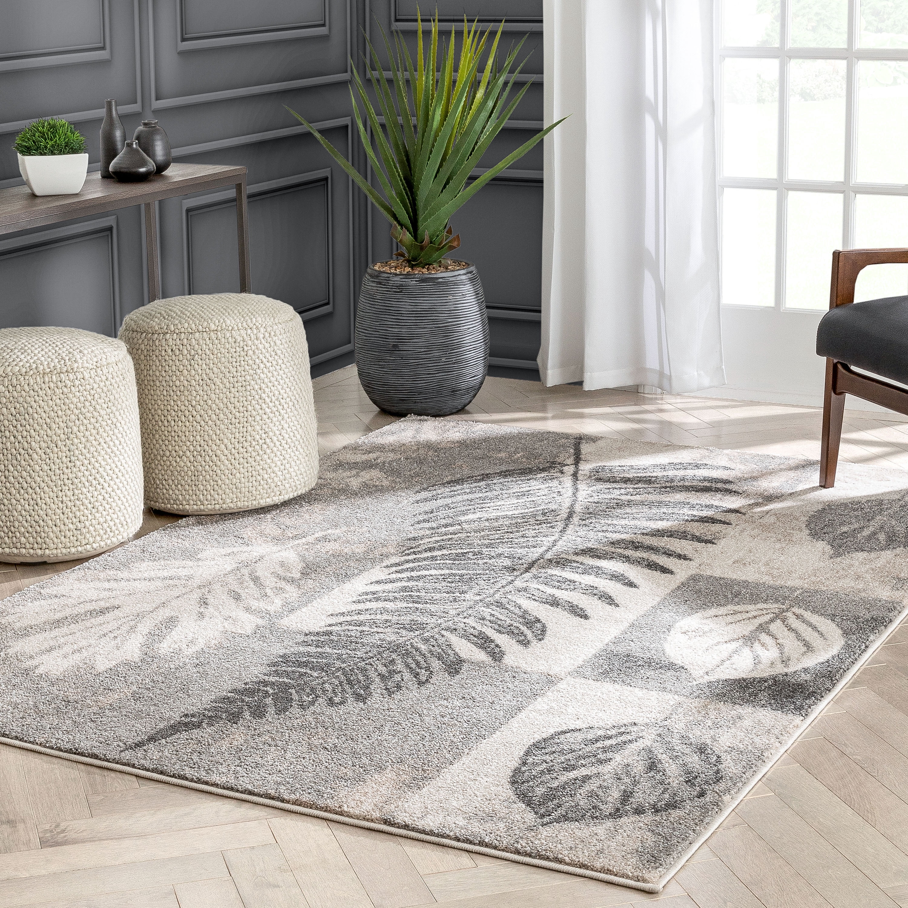 Well Woven Lisbon Odette Botanical Transitional Leaves Pattern Grey Retro 7'10" x 9'10" Area Rug
