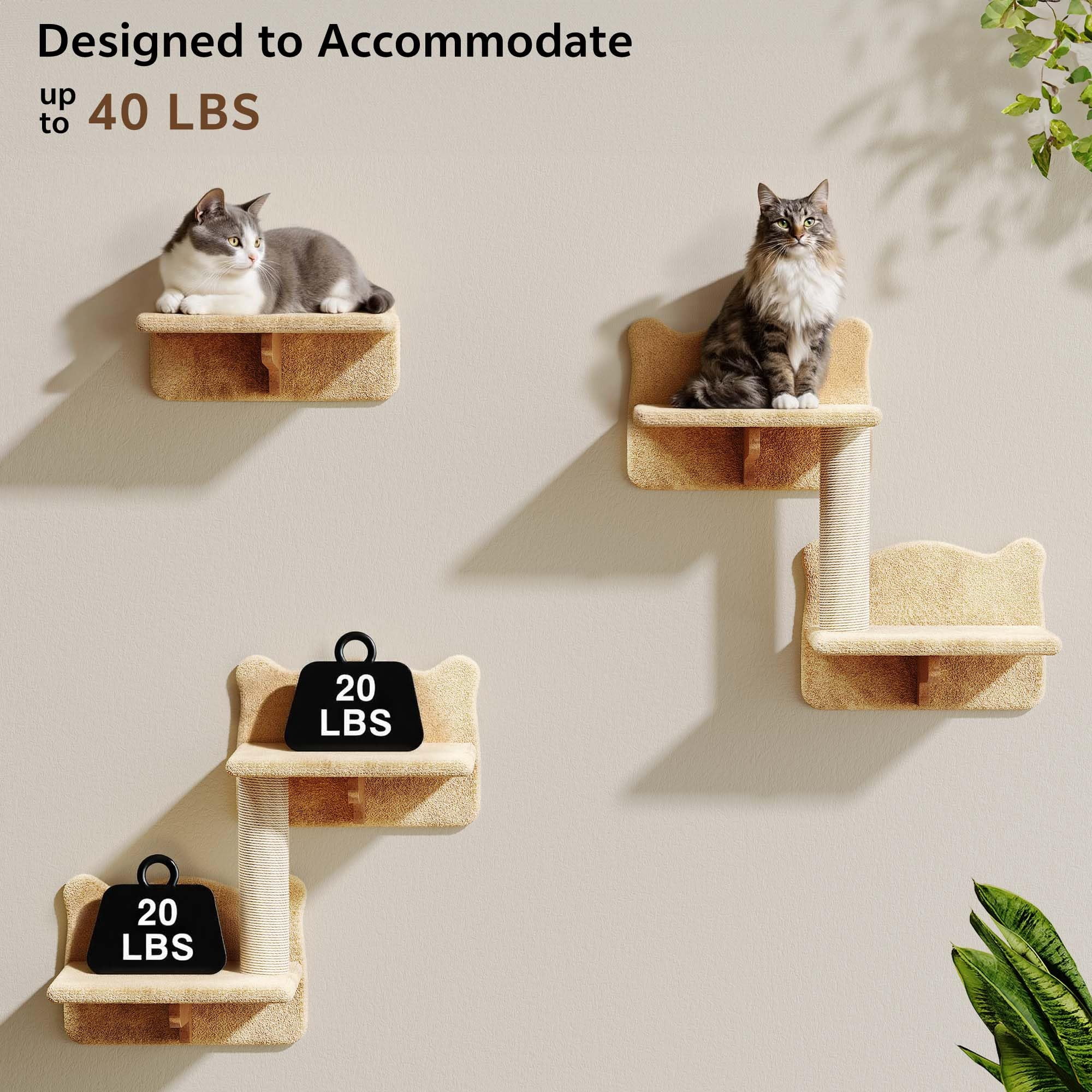 Cat Wall Shelves With Tree  26-in-1 Mounted Pet Furniture 40''l Tunnel Posts House Step And Floating Bridge Climbing Systems 63'' Cats Tower Beige