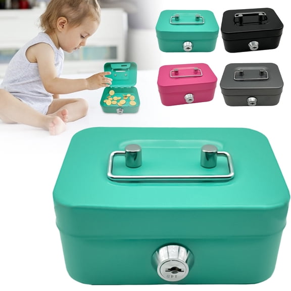 CPHDW7 Lock Box with Key, Small Metal Storage Box, Portable Cash Box with Handle for Jewelry Cards Prizes Home Office Organizer