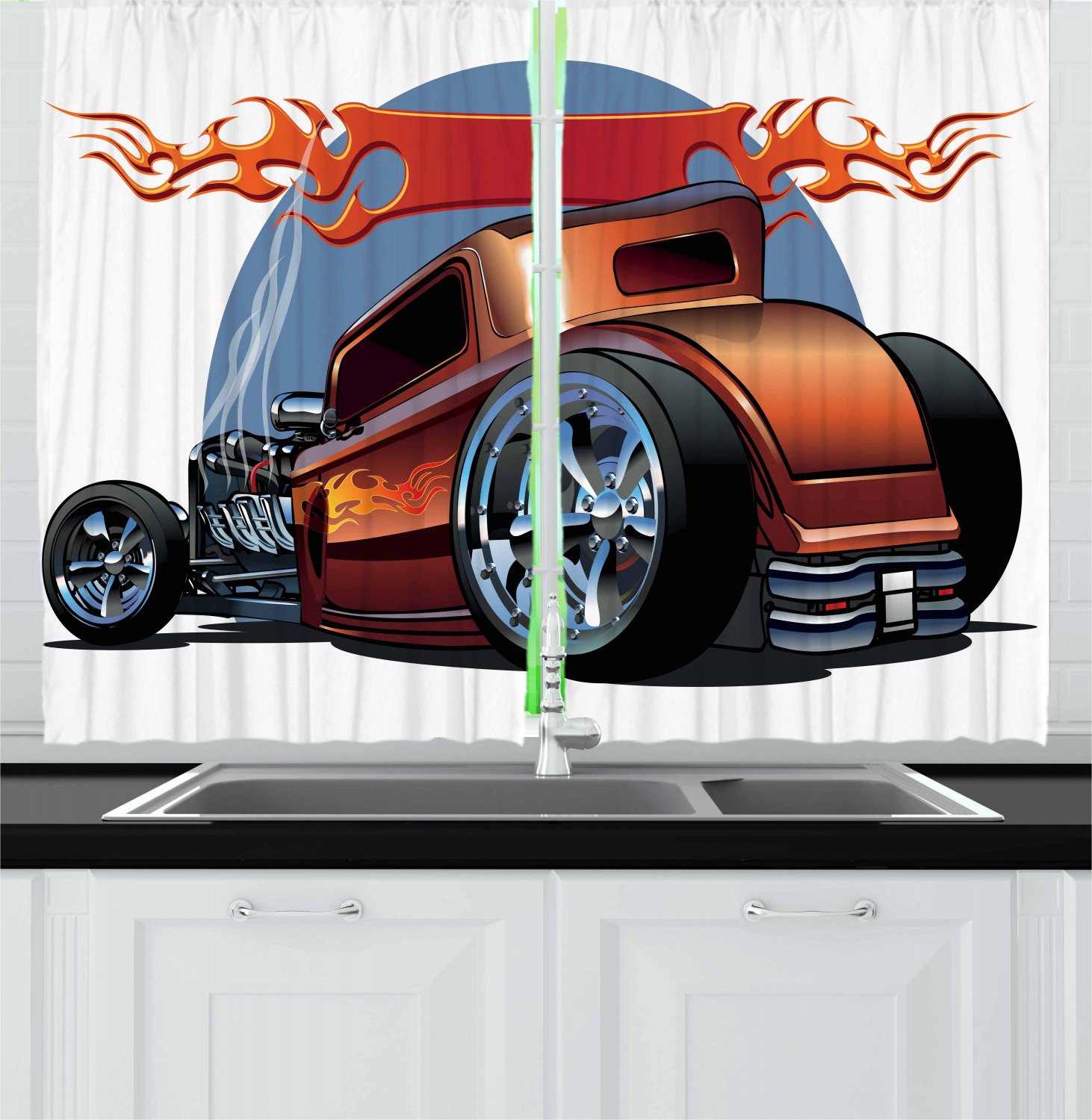 Cars Curtains 2 Panels Set, Cartoon Hot Rod Antique Customized