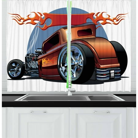 Cars Curtains 2 Panels Set Cartoon Hot Rod Antique Customized