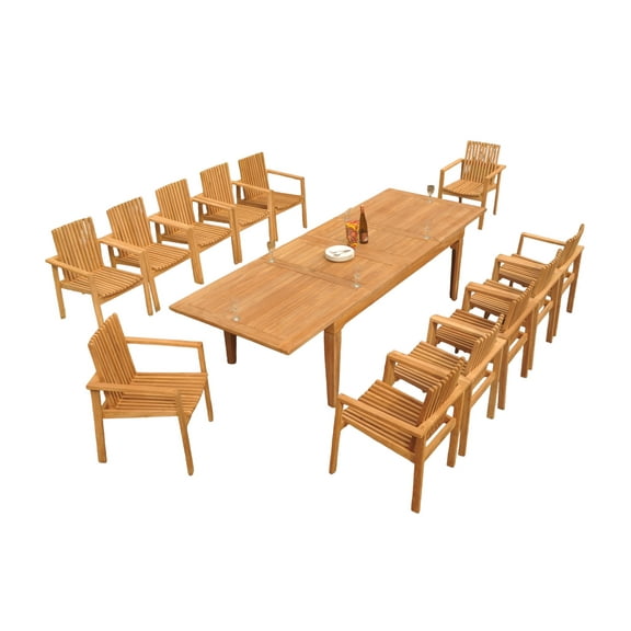 Grade-A Teak Dining Set: 12 Seater 13 Pc: 122" Caranas Rectangle Table And 12 Clipper Stacking Arm Chairs Outdoor Patio WholesaleTeak #51CP2913