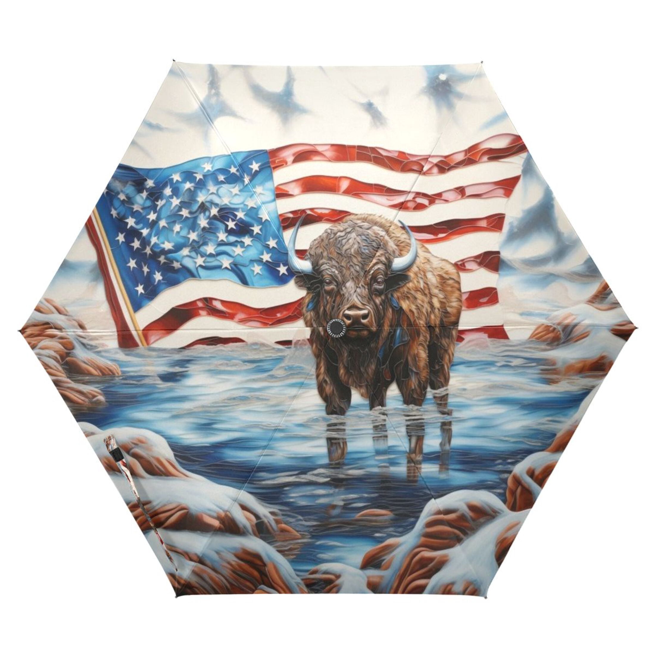 American Flag and Cattle Compact Sun Umbrella Windproof Travel Umbrellas for Rain Strong Portable UV Protection
